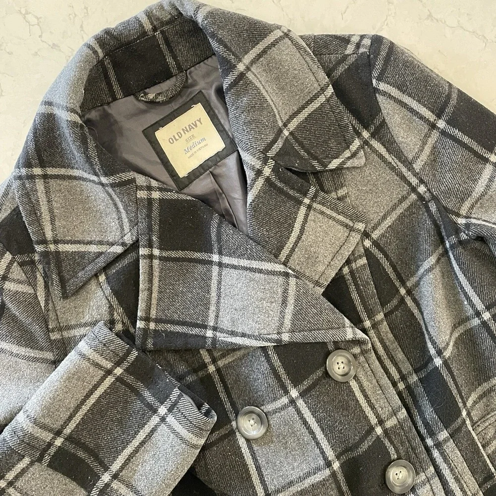 OLD NAVY Women's Gray Black Plaid Double Breasted Peacoat Jacket Medium Wool Bld